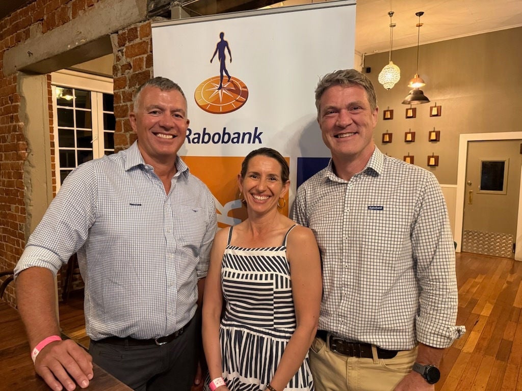 Rabobank Townsville Rural Manager, Justin Spinks, with Michelle, and RaboResearch Animal Protein Senior Analyst Angus Gidley-Baird at a recent Rabobank event in Charters Towers.