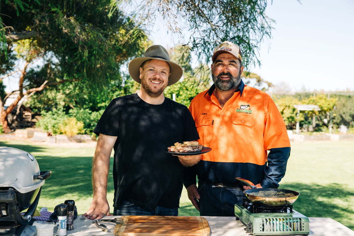 Farm to Fork host Michael Weldon and Julian filming on farm