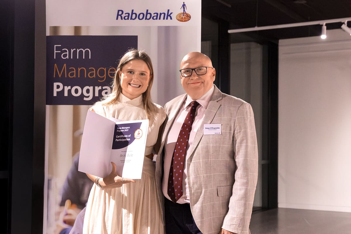 Becky with Rabobank’s Peter D’Esposito during the Rabo Farm Managers Program Graduation.