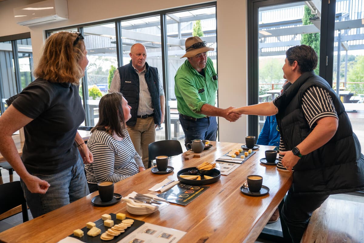 The group is introduced to Ashgrove Cheese’s Paul Bennett by Rabobank rural manager, Leigh Barker.
