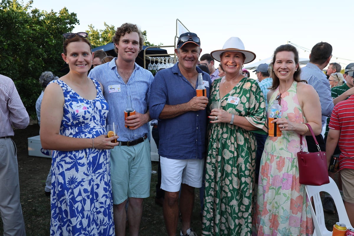 Emily and Harry Cush, Paul and Lisa Slack, and Lucy Cush toast the Moree season. 