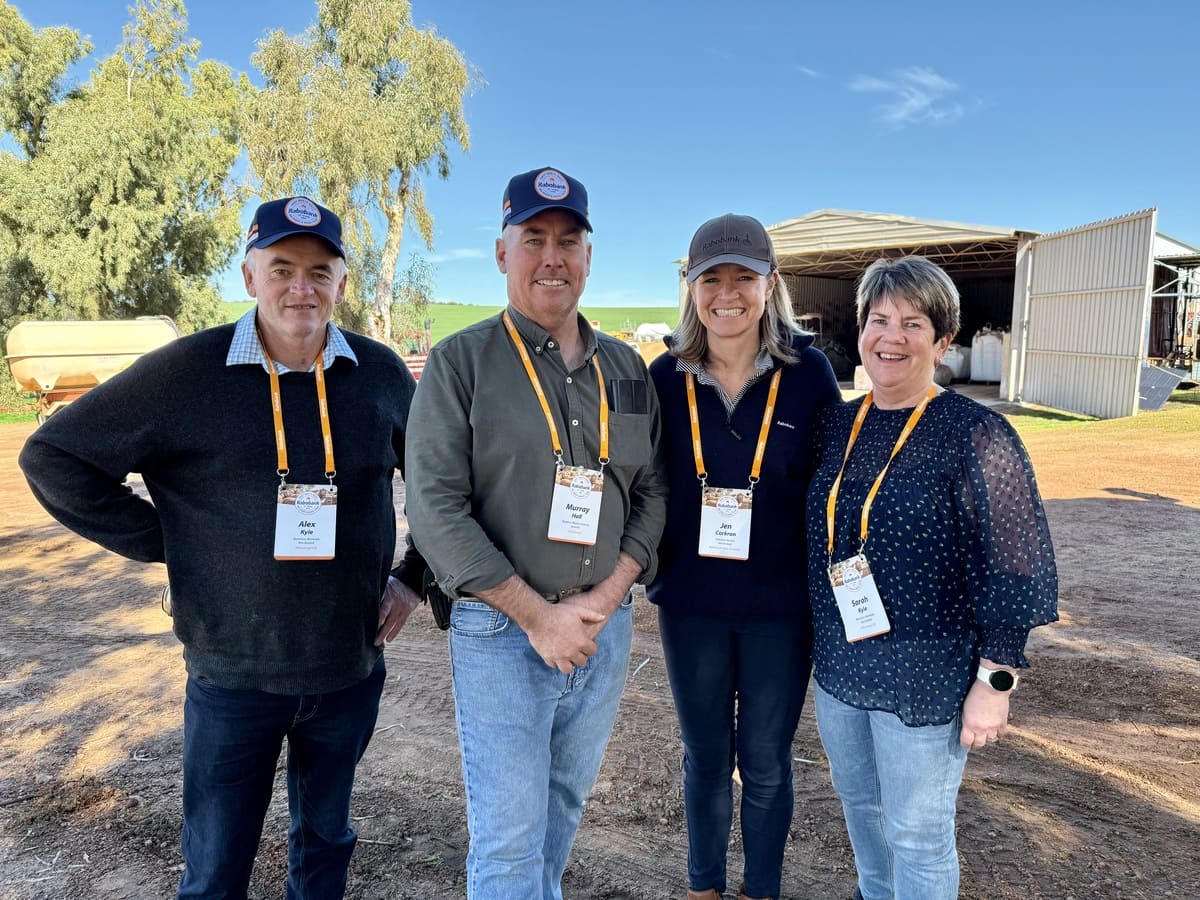 Rabobank knowledge tour participant Alex Kyle, New Zealand, with Murray Hall, RaboResearch Jen Corkoran and tour participant, Sarah Kyle, New Zealand.