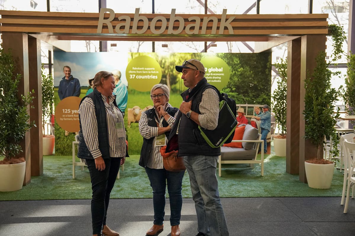 Belinda and Garry with Rabobank’s Georgia Twomey at Lambex 2024