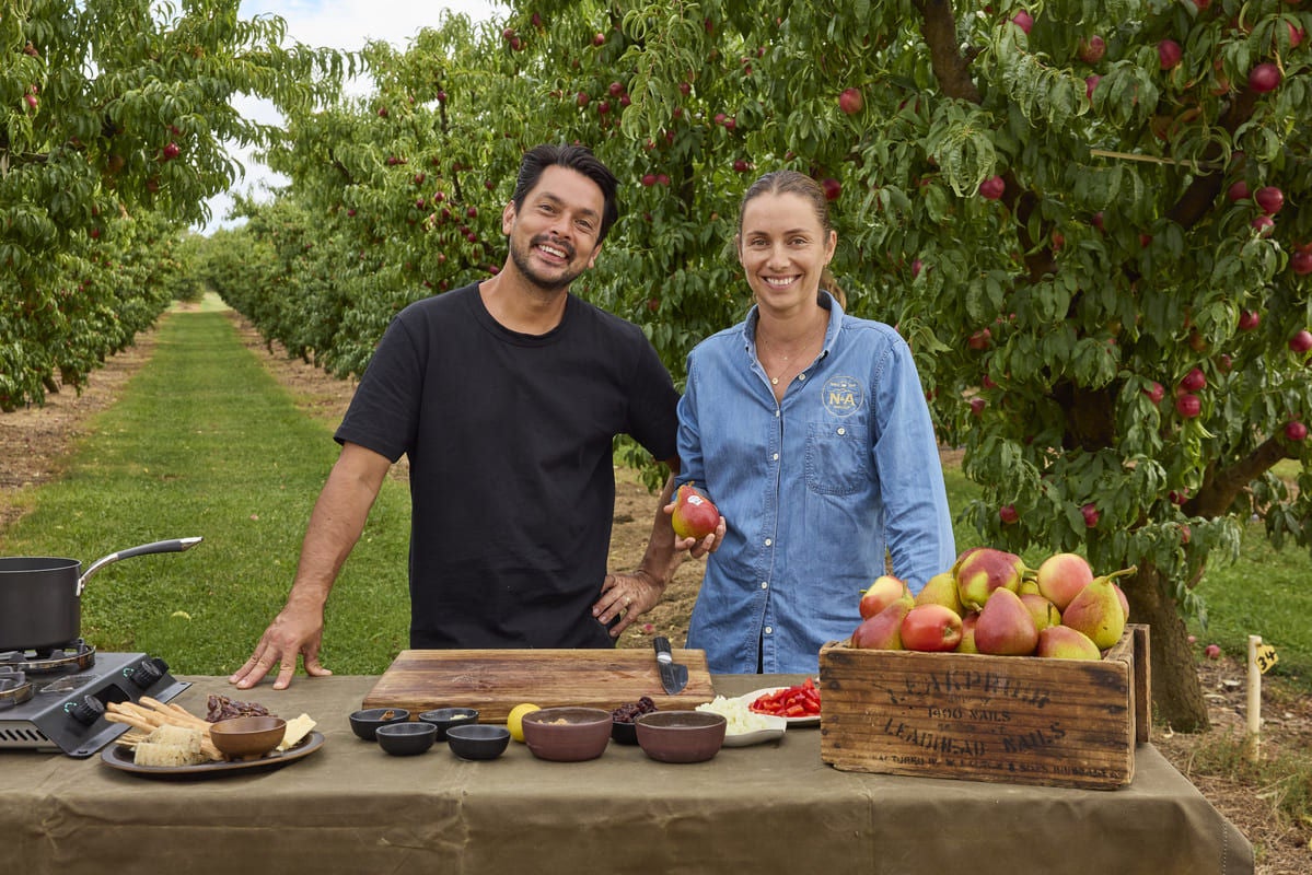 Louis and Hannah prepare a pear and apple chutney using orchard fresh produce.