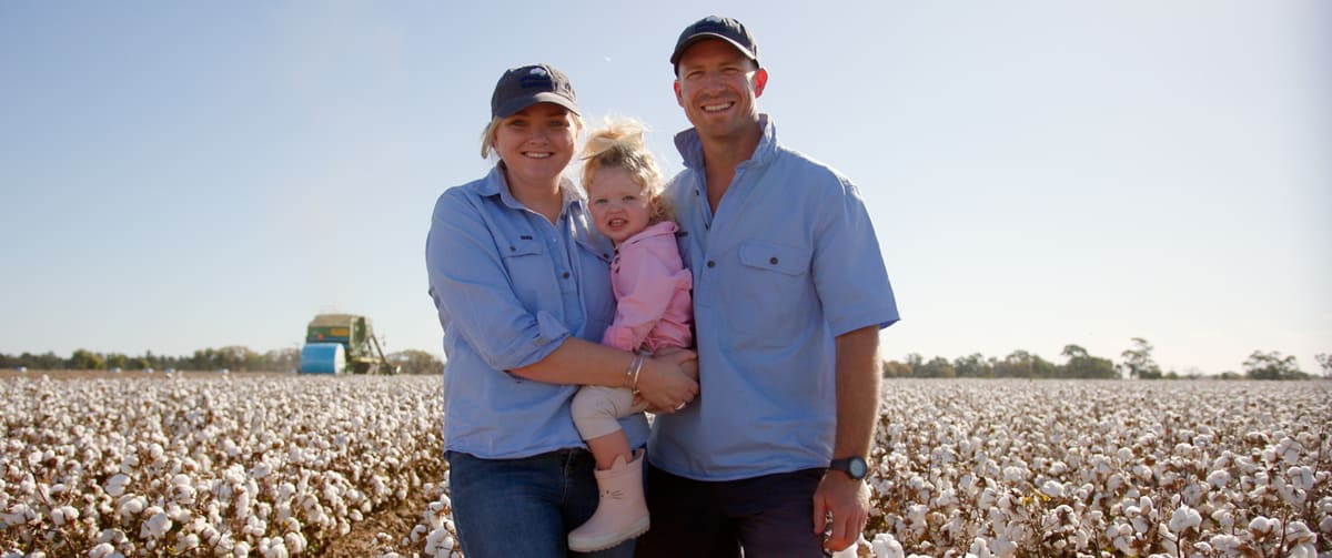 Rabobank’s NSW Client Council member and Coleambally-based cotton and cereals producer Annabel Burge with daughter Lucy and husband Alistair. Photo by Sam Weight-Cotton Australia.