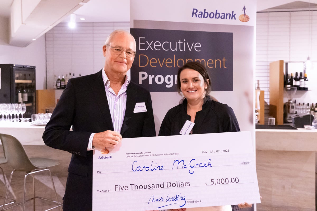 EDP alumni and winner of the 2025 Dr John Morris Business Development Prize, Caroline McGrath (right), with Rabobank Australia CEO Mark Wiessing